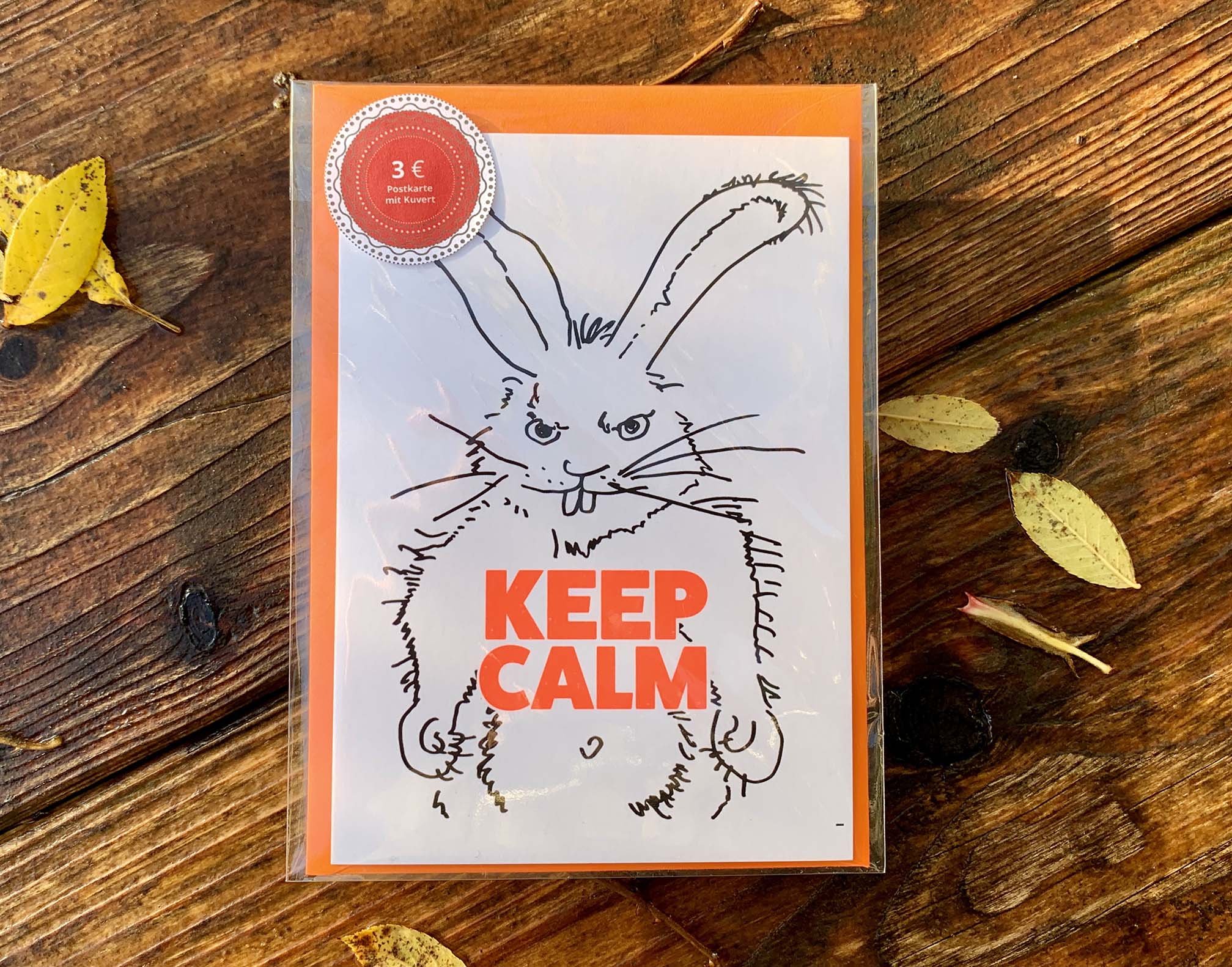 Coole Zeichnung eines wütenden Hasen mit Krallen der Künstlerin Maren Maiwald - Kunstpostkarte Hase KEEP CALM (Neonorange) mit Briefumschlag Orange - Onlineshop kunst & postkartene)