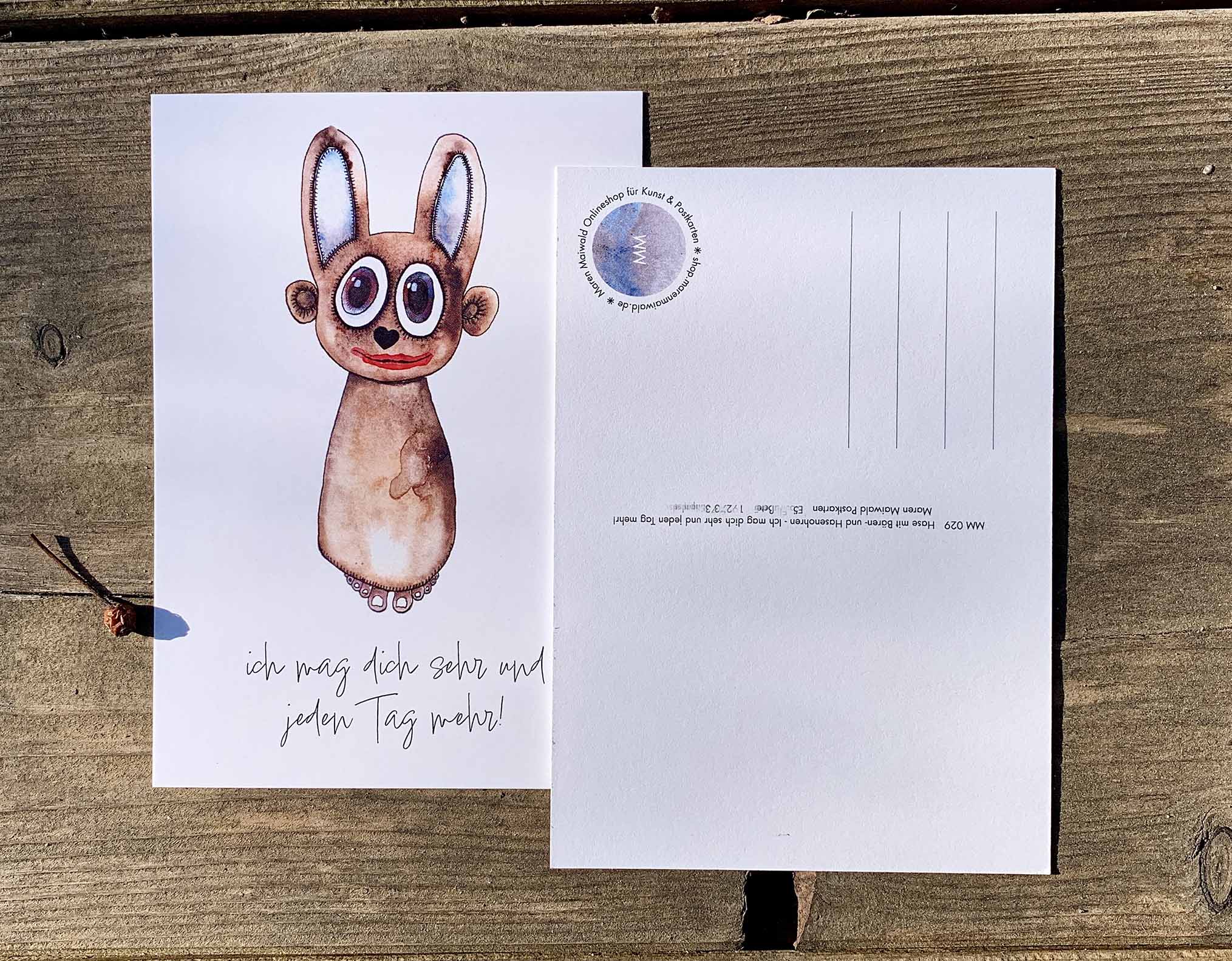 Hasen Postkarte - Hase mit Bären- und Hasenohren sagt "ich mag dich sehr..." - Onlineshop für kunst & postkarten
