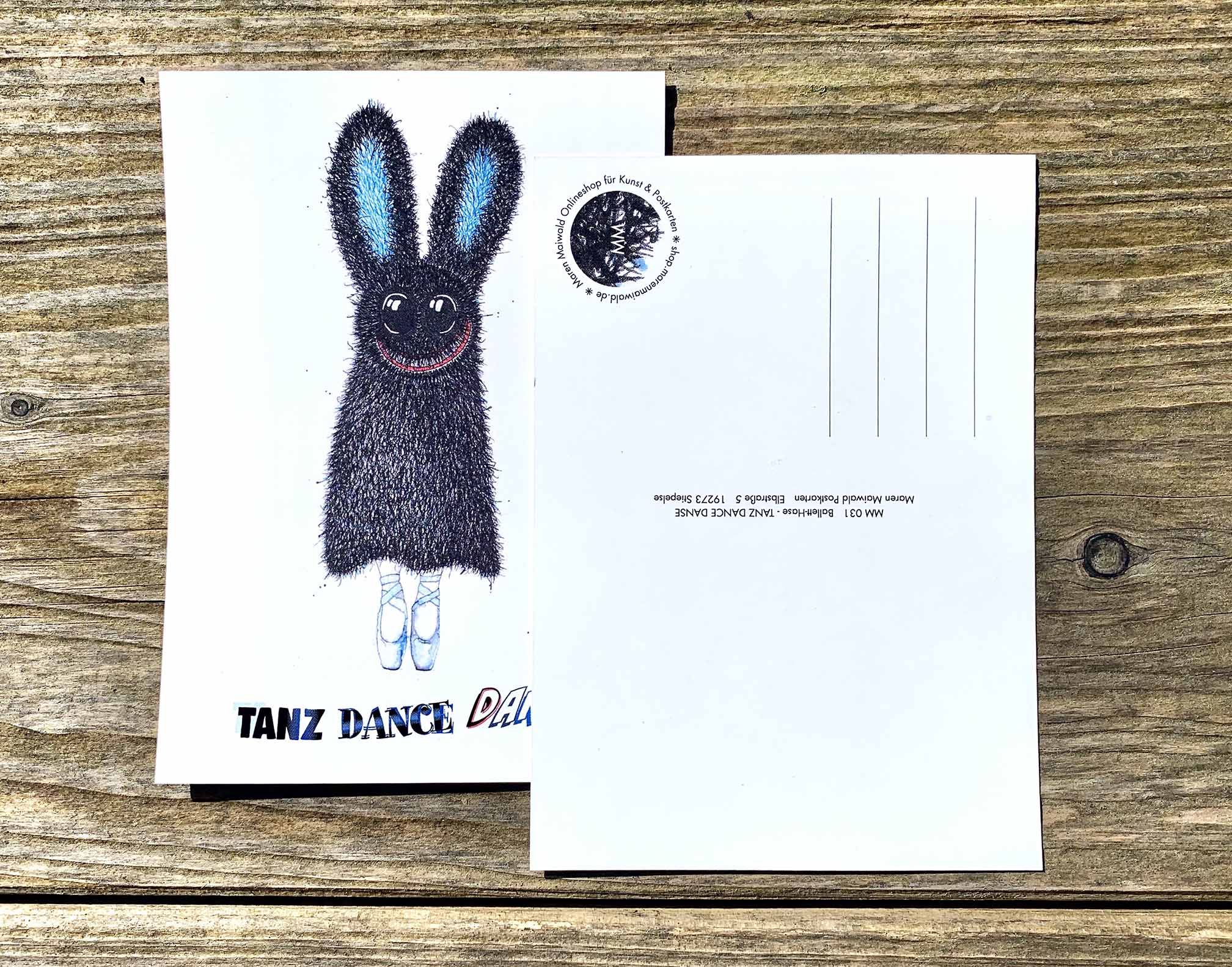 TANZ DANCE DANSE mit einem schwarzen Häschen in hellblauen Ballettschuhen/Spitzenshuhen -  Hasen-Postkarte Vorderansicht - Maren Maiwald kunst & postkarten