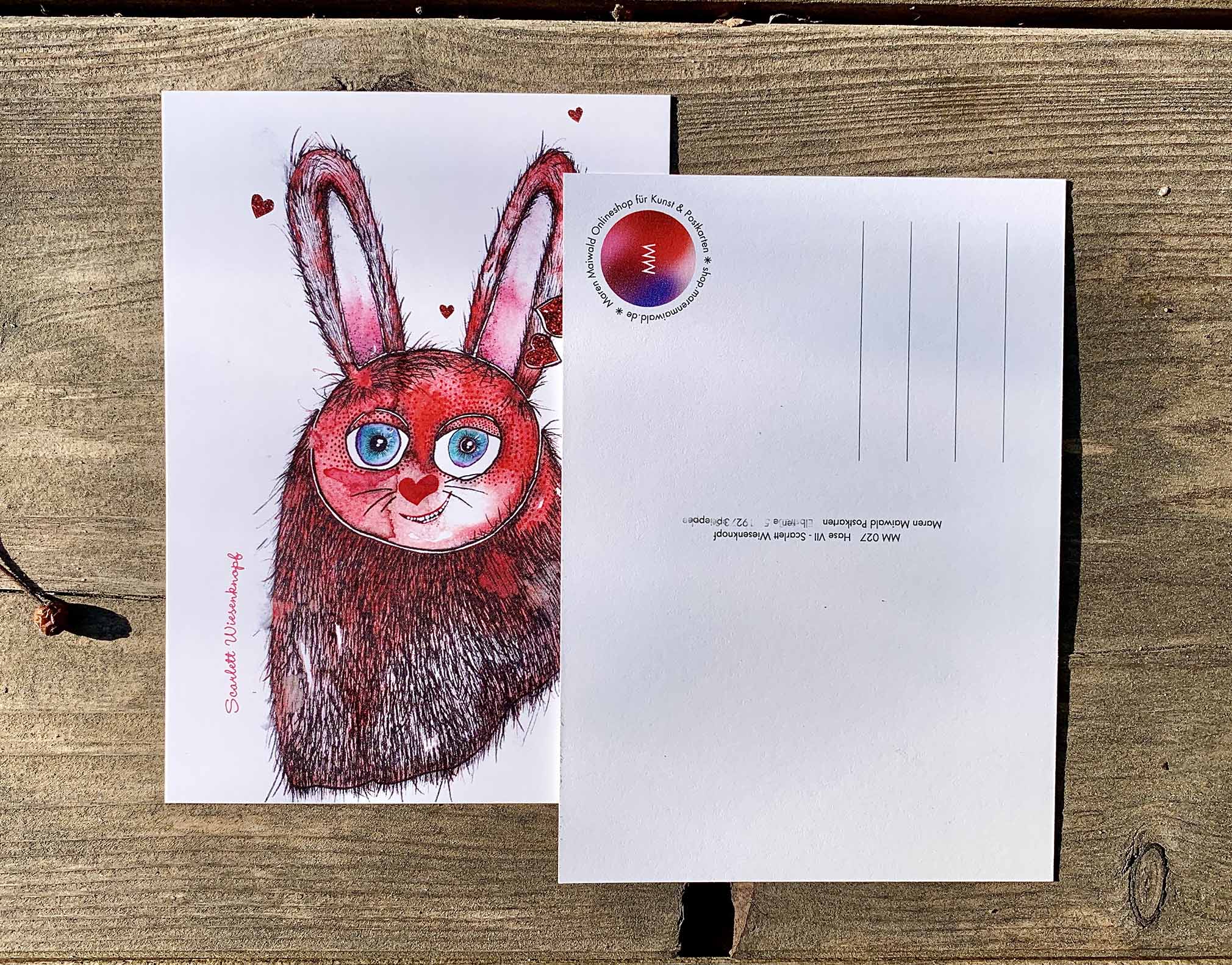 Hasen Postkarte Scarlett Wiesenknopf - ein illustriertes rotes Häschen mit blumigem Namen - Vorder- und Rückseite